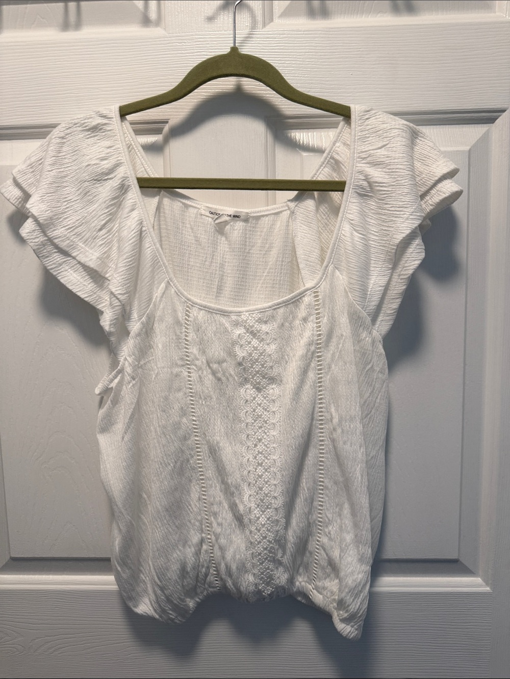 Caution To The Wind White Crochet Panel Flutter Sleeve Top
